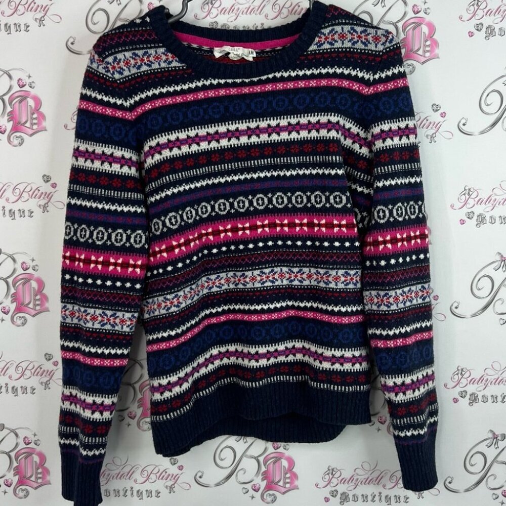 Label of graded goods sweater Stylish Women's Patterned Sweater Navy and Pink